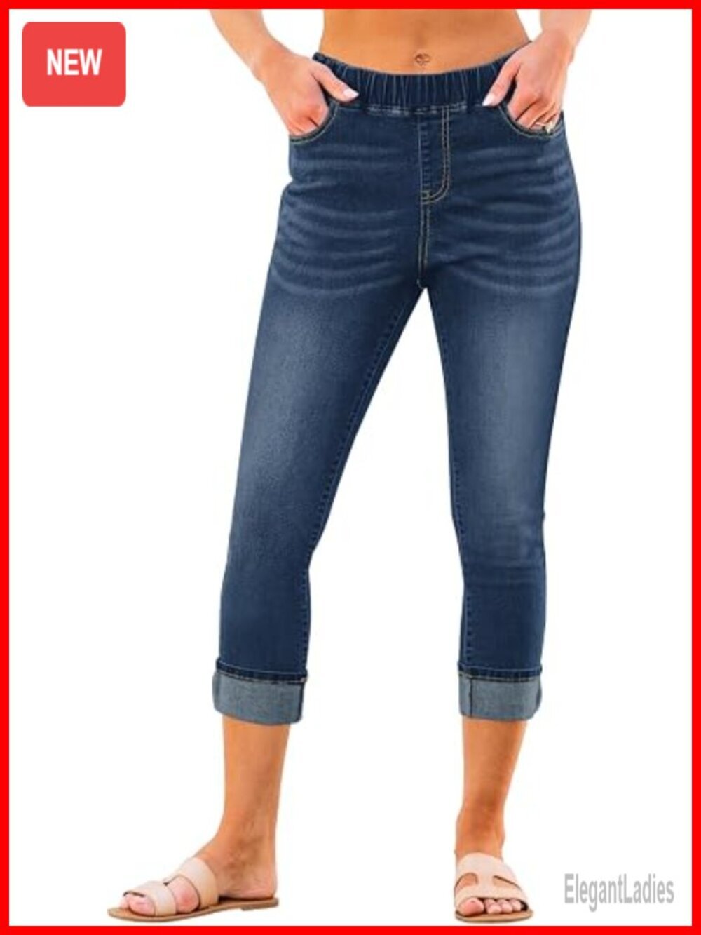 High Waist Cuffed Capri Jeans - Elastic Waistband, Stretchy Slim Fit Denim